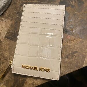 Michael Kors Cream Croc-Embossed Card Holder with Gold Logo